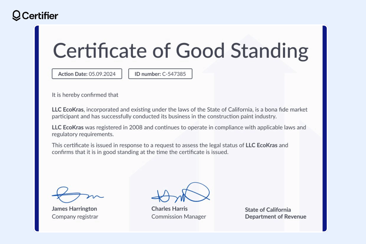 The formal certificate of good standing with a uniform font, large title, bolded information like names and the name of the department, two handwritten signatures.