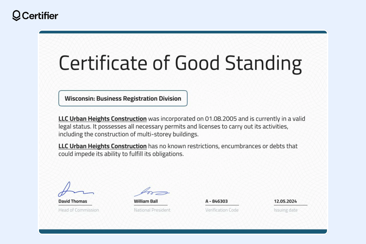 A minimalistic certificate of a good standing template with a solid gray background, a frame consisting of two thin horizontal lines, underlined and bolded text.