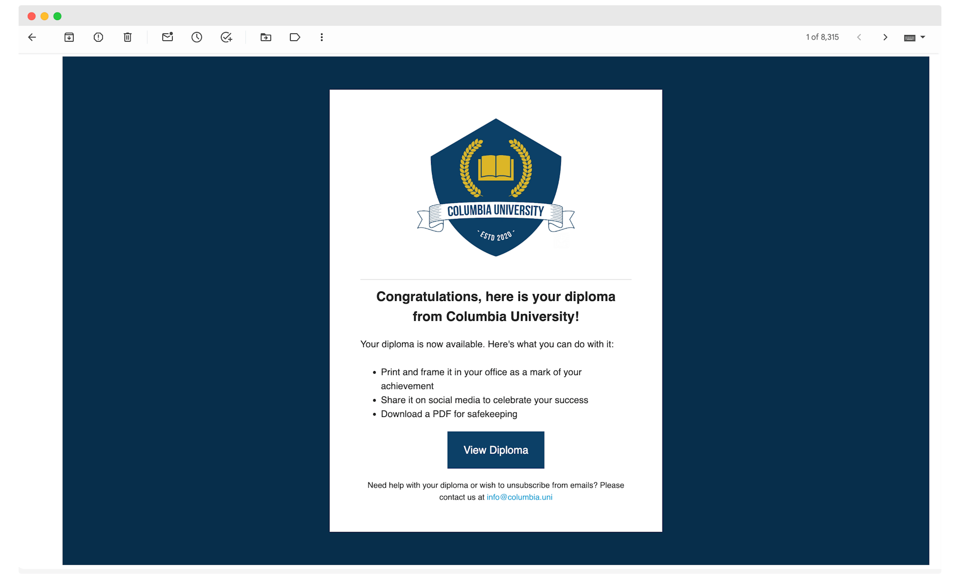 Example of email for sending diploma certificates generated in Certifier with the CTA button to view diploma.