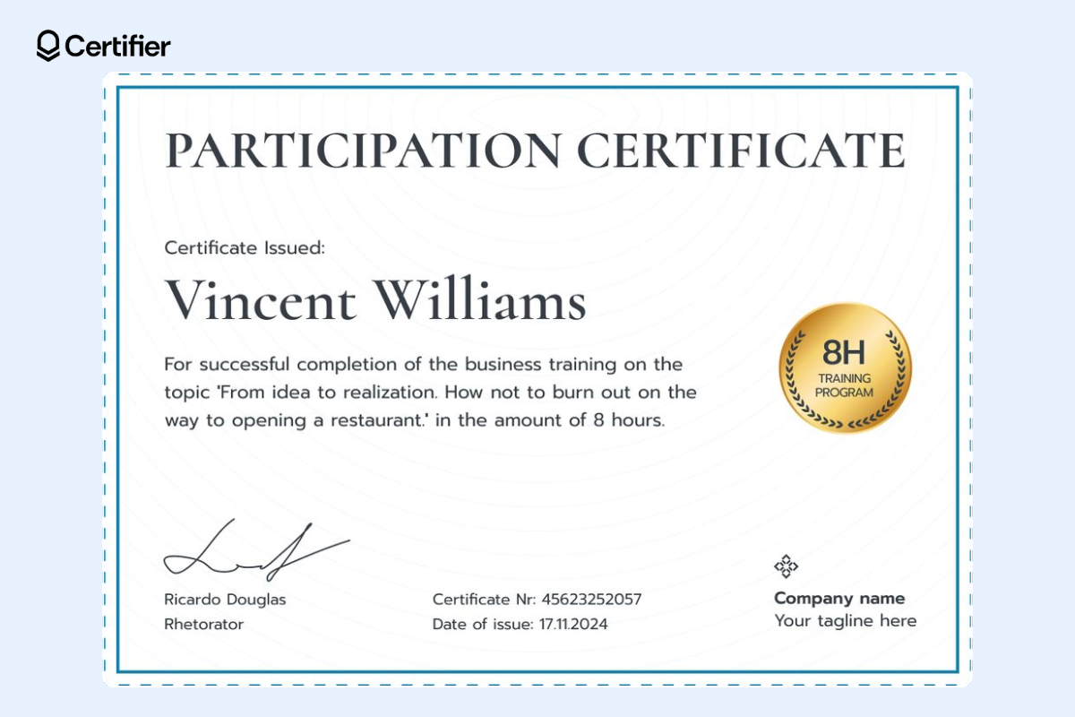 Participation certificate in a workshop with golden badge and clear layout with a space for award details.